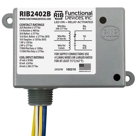 Functional Devices-Rib Power Relay, 20 Amp SPDT, 24 Vac/dc/208-277 Vac Coil, NEMA 1 Housing RIB2402B
